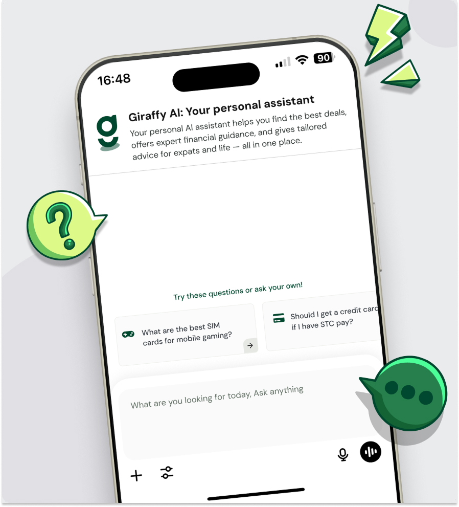 Mobile phone screen displaying Giraffy AI: Your personal assistant. The interface invites users to try suggested questions like 'What are the best SIM cards for mobile gaming?' and 'Should I get a credit card if I have STC pay?', with a text box for entering queries. Speech bubble and question mark illustrations surround the screen.